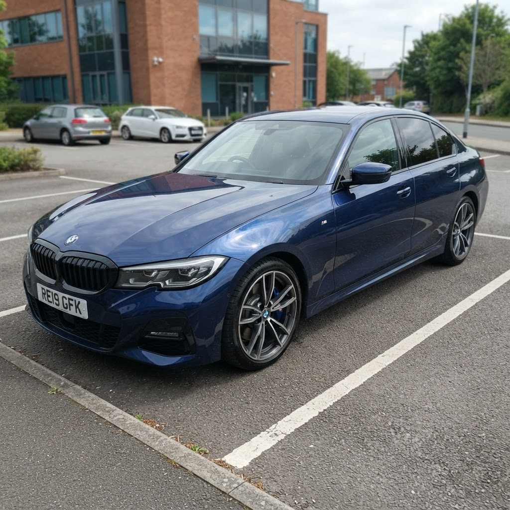 BMW Série 3 320d M Sport bleu foncé vue trois quarts avant